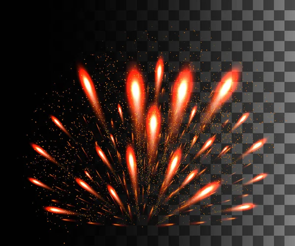 Glühende Sammlung. rotes Feuerwerk, Lichteffekte isoliert auf transparentem Hintergrund. Sonnenlicht, Sterne. Leuchtende Elemente. Feiertagsfeuerwerk. Vektorillustration — Stockvektor