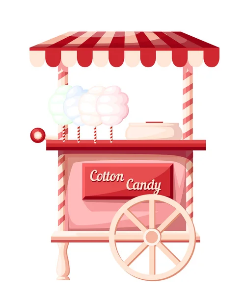 Rosa Zuckerwatte Einkaufswagen Kiosk auf Rädern tragbares Geschäft Idee für Festival Vektor Illustration isoliert auf weißem Hintergrund Website-Seite und mobile App-Design — Stockvektor