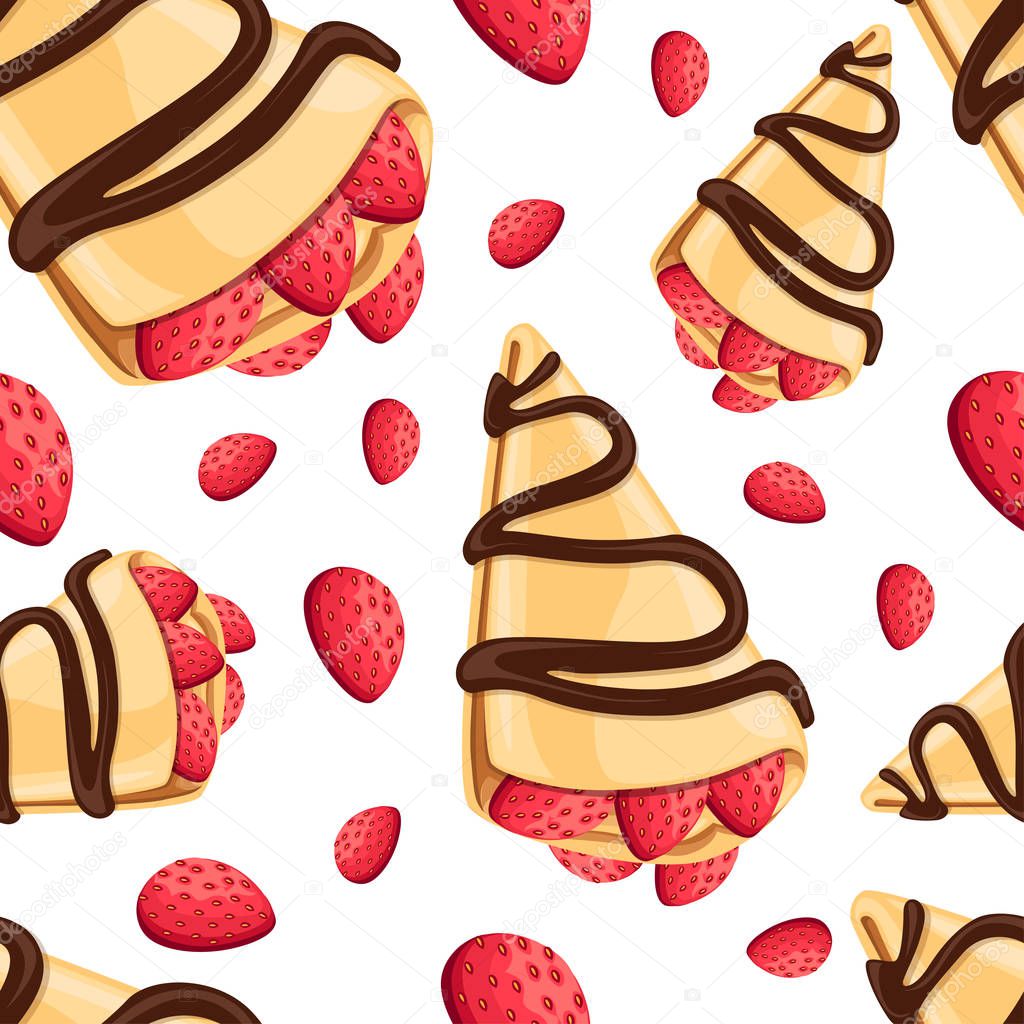 Seamless pattern of crepe with strawberry and chocolate tasty pancakes vector illustration on white background web site page and mobile app design