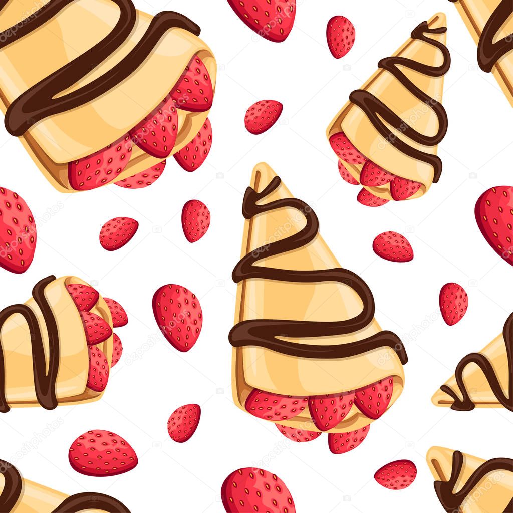 Seamless pattern of crepe with strawberry and chocolate tasty pancakes vector illustration on white background web site page and mobile app design.