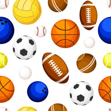 Dikişsiz desen spor beyzbol basketbol Tenis Voleybol ragbi futbol beyaz arka plan web sitesi sayfası ve mobil uygulaması tasarım vektör çizim Bovling topları