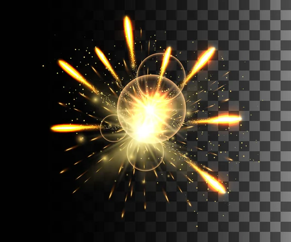 Glühende Sammlung. Goldenes Feuerwerk, Lichteffekte isoliert auf transparentem Hintergrund. Sonnenlicht, Sterne. Leuchtende Elemente. Feiertagsfeuerwerk. Vektorillustration — Stockvektor
