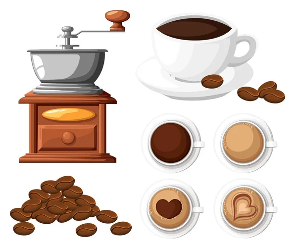 Κλασικό καφέ αλεστικό μηχάνημα με ένα μάτσο κόκκους καφέ χειροκίνητο μύλο του καφέ και ένα φλιτζάνι καφές Κύπελλο εικονογράφηση διάνυσμα απομονώνονται σε λευκό φόντο — Διανυσματικό Αρχείο