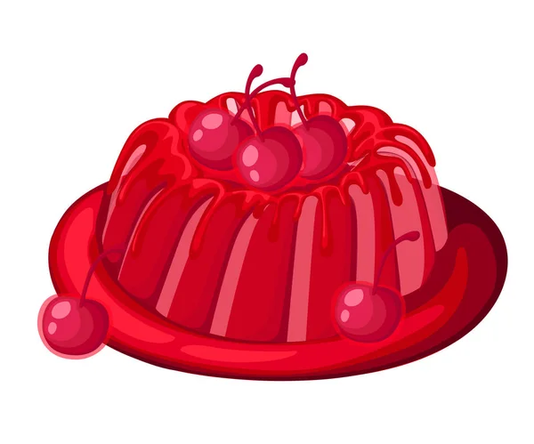 Torta de geleia de cereja transparente vermelha bonita em uma sobremesa de gelatina de frutas decorada ilustração vetorial de cereja isolada na página do site de fundo branco e design de aplicativo móvel — Vetor de Stock