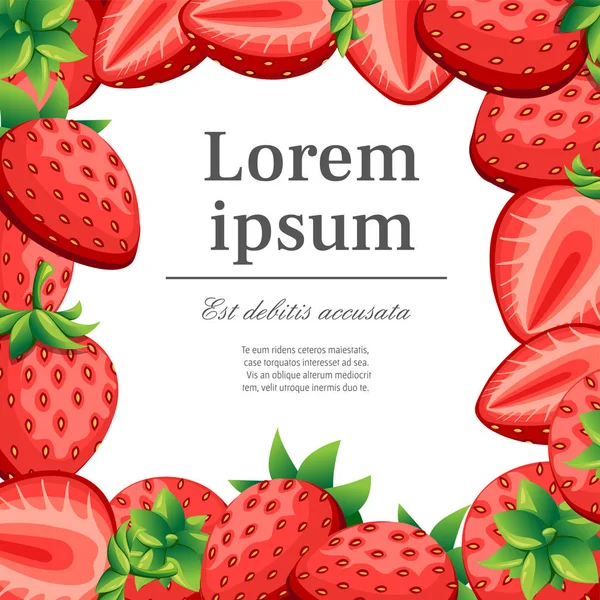 Modello di fragola e fette di fragole. Illustrazione vettoriale con posto per il vostro testo per poster decorativo, emblema prodotto naturale, mercato contadino. Pagina web e design delle app per dispositivi mobili — Vettoriale Stock