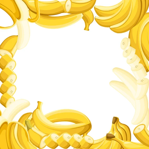 Modello di banana e fette di banane. Illustrazione vettoriale con spazio vuoto per poster decorativi, emblema prodotto naturale, mercato contadino. Pagina web e design delle app per dispositivi mobili — Vettoriale Stock