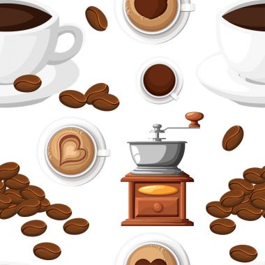 Klasik kahve öğütücü kahve çekirdekleri el ile kahve değirmeni bir sürü ve bir fincan kahve Kupası vektör illüstrasyon izole beyaz arka plan üzerinde ile Seamless Modeli