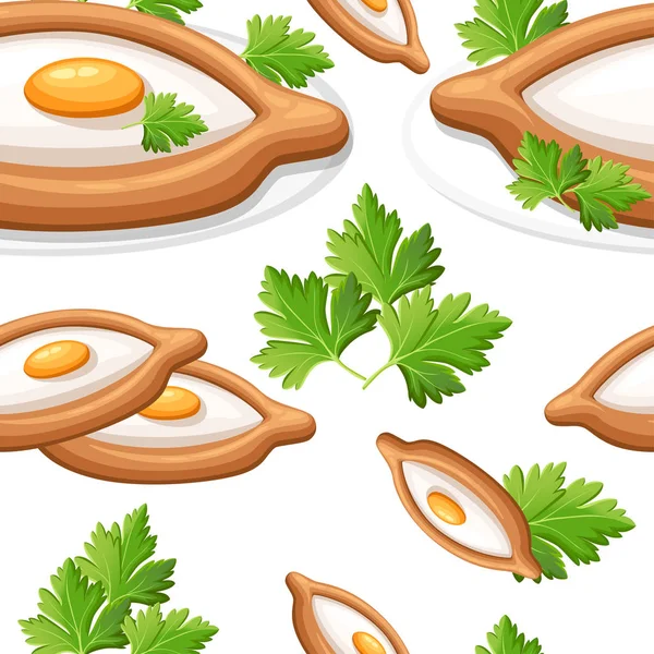 Modello senza soluzione di continuità di adjarian khachapuri con pane piatto alle erbe appena sfornato ripieno di formaggio e uovo crudo piatto illustrazione vettoriale piatto su sfondo bianco pagina del sito web e design app mobile — Vettoriale Stock