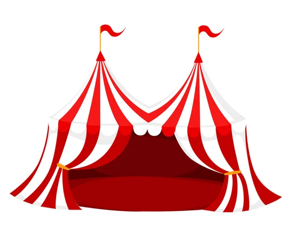 Red and white circus or carnival tent with flags and red floor vector illustration on white background web site page and mobile app design — Stock Vector