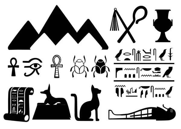 Zwarte silhouetten oude Egyptische symbolen en decoratie Egypte platte iconen vectorillustratie geïsoleerd op witte achtergrondpagina van de website en mobiele app design — Stockvector