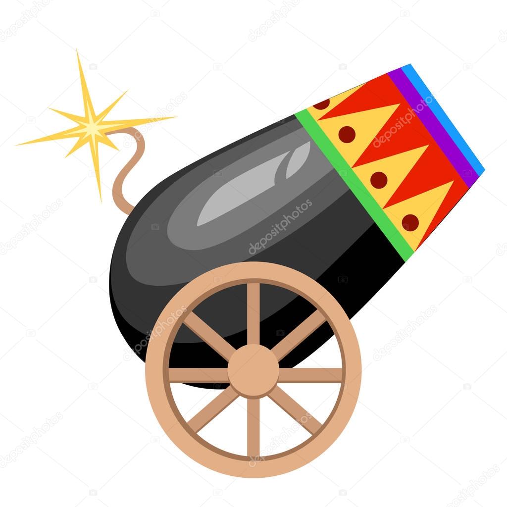 Circus design black cannon on wheels with burning wick and colored ornament vector illustration on white background web site page and mobile app design