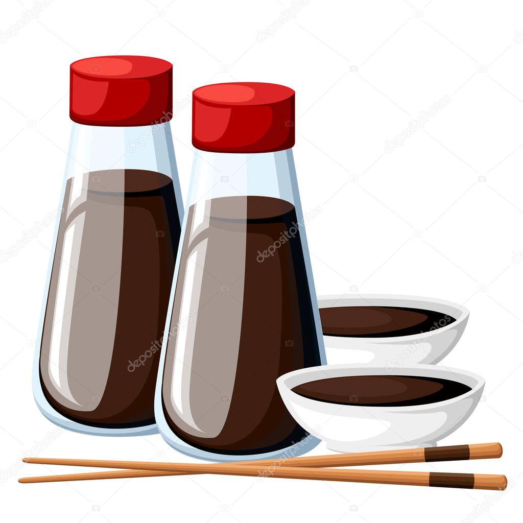 Japanese chopsticks and soy sauce in a white bowl soy sauce in transparent bottles with red caps vector illustration isolated on white background web site page and mobile app design