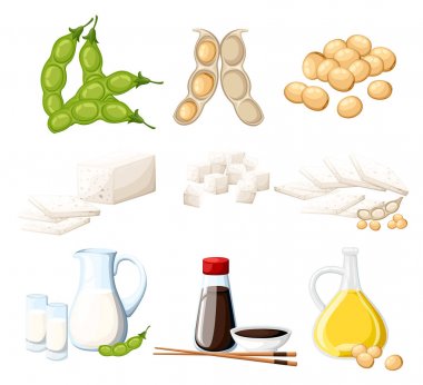 Soya ürünleri süt ve yağ, cam sürahi Soya soslu beyaz arka plan web sitesi sayfası ve mobil uygulaması şeffaf şişe tofu ve fasulye organik gıda vejetaryen vektör illüstrasyon izole içinde