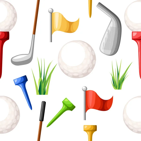 Seamless pattern of golf balls on different color tee and various golf clubs green grass golf course vector illustration isolated on white background web site page and mobile app design