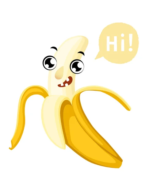 Banana de desenho animado bonito fruta sorridente com uma legenda ilustração vetor nuvem isolado no fundo branco página do site e design de aplicativo móvel —  Vetores de Stock