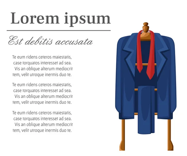 Traje azul hombre con corbata roja en la ilustración vector percha de madera con lugar para su texto aislado sobre fondo blanco — Archivo Imágenes Vectoriales