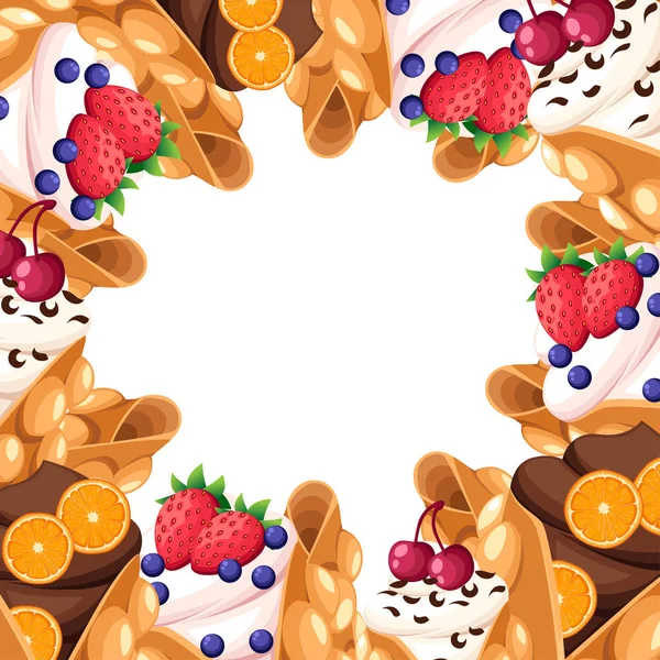 Padrão de waffle de Hong Kong com laranja de morango cereja e chantilly ou chocolate creme ovo waffle sobremesa vetor ilustração isolada na página do site de fundo branco e design de aplicativo móvel — Vetor de Stock