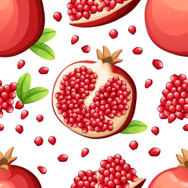 Dikişsiz desen, nar ve nar taze tohum. Açılan nar vektör Illustration. Dekoratif afiş, amblem doğal ürün, çiftçilere piyasa için vektör çizim