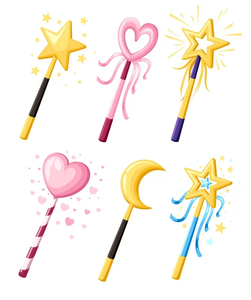 Set of cute decorative magic wands in various shapes. Magical girl cartoon power concept. Vector illustration isolated on white background. Web site page and mobile app design — Stock Vector