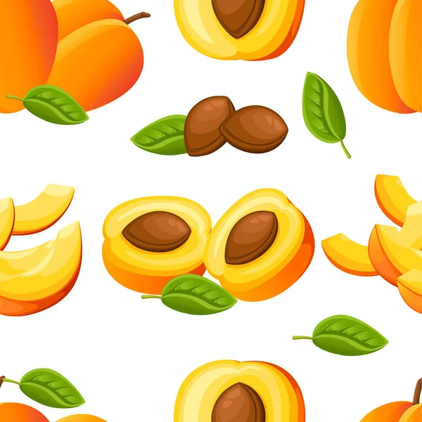 Безшовний візерунок з персиків і шматочків персиків. Векторні ілюстрації для декоративного плаката, емблеми природного продукту, ринку фермерів. Сторінка сайту та дизайн мобільних додатків — стоковий вектор
