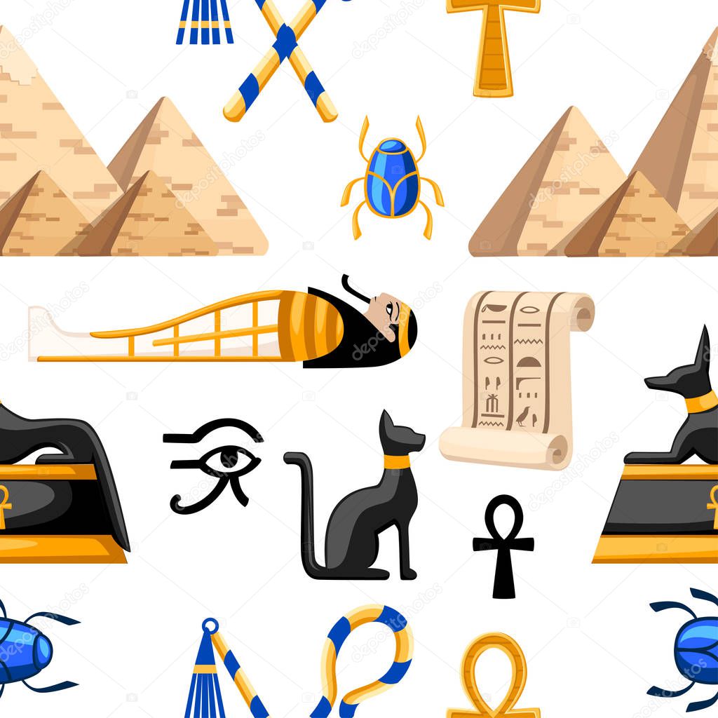 Seamless pattern of ancient Egyptian symbols and decoration. Egypt flat icons vector illustration on white background. Web site page and mobile app design