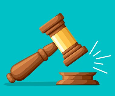 Yargıç tahta çekiç. Karikatür tarzı tokmak. Açık artırma, yargı için tören çekiç. Vektör çizim üzerinde turkuaz arka plan izole. Web sitesi sayfası ve mobil uygulaması tasarım