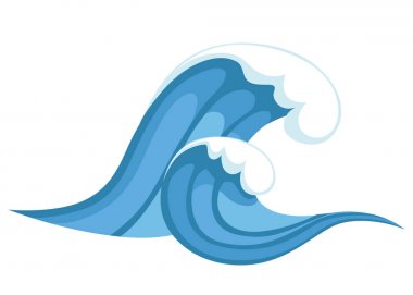 Tsunami dalgası. Büyük mavi deniz dalga karikatür tarzı. Tufan renk simgesi. Beyaz arka plan üzerinde izole vektör çizim. Web sitesi sayfası ve mobil uygulaması tasarım