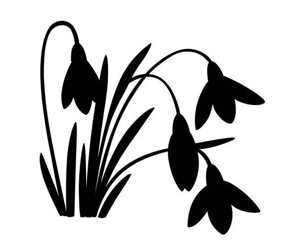 Black silhouette of spring flower. The first snowdrops Galanthus. Flowers for decoration. Vector illustration isolated on white background. Web site page and mobile app design — Stock Vector