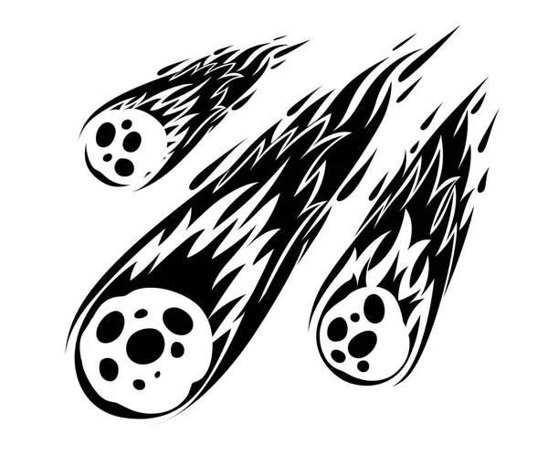 Silueta de meteorito de llama. Lluvia de meteoros caen en el planeta en estilo de dibujos animados. Icono del cataclismo. Ilustración vectorial aislada sobre fondo blanco. Página del sitio web y diseño de aplicaciones móviles — Vector de stock