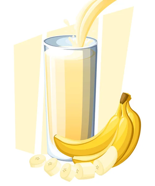 Jugo de plátano. Bebida de fruta fresca en vaso. Batidos de plátano. El jugo fluye y salpica en un vaso lleno. Ilustración vectorial aislada sobre fondo blanco. Página del sitio web y diseño de aplicaciones móviles — Archivo Imágenes Vectoriales