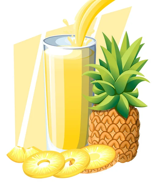 Jugo de piña. Bebida de fruta fresca en vaso. Batidos de piña. El jugo fluye y salpica en un vaso lleno. Ilustración vectorial aislada sobre fondo blanco. Página del sitio web y diseño de aplicaciones móviles — Archivo Imágenes Vectoriales