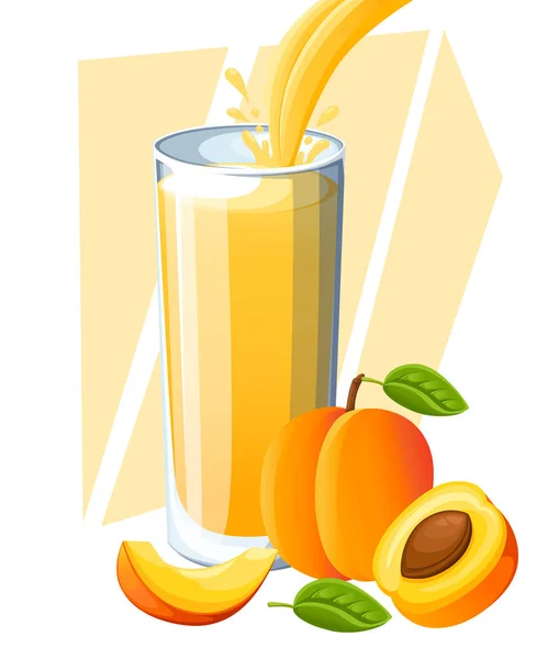 Zumo de melocotón. Bebida de fruta fresca en vaso. Batidos de melocotón. El jugo fluye y salpica en un vaso lleno. Ilustración vectorial aislada sobre fondo blanco. Página del sitio web y diseño de aplicaciones móviles — Archivo Imágenes Vectoriales