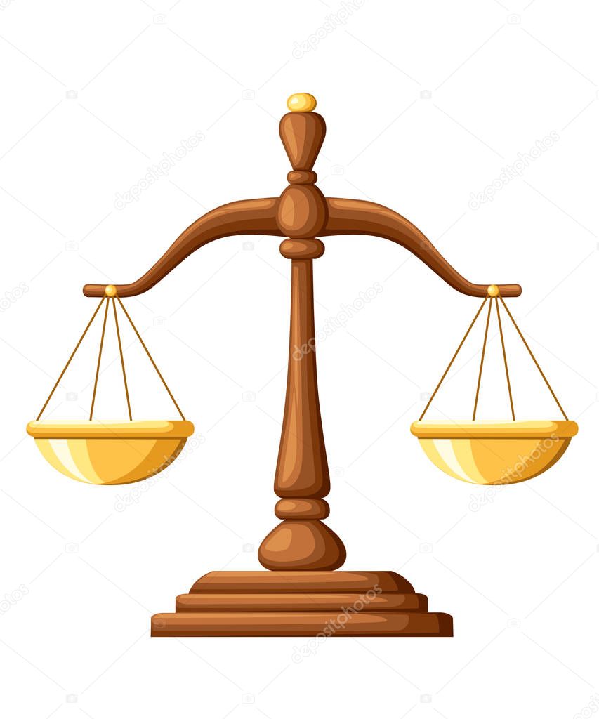 Scales of Justice. Wooden scales balance sign. Vector illustration isolated on white background. Web site page and mobile app design