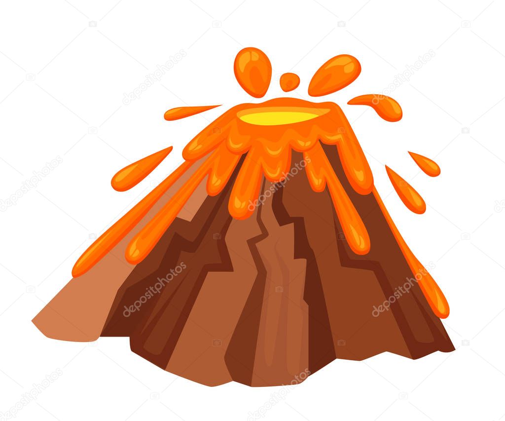 Volcano eruption with hot lava illustration. Geological disasters in cartoon style. Cataclysm color icon. Vector illustration isolated on white background. Web site page and mobile app design