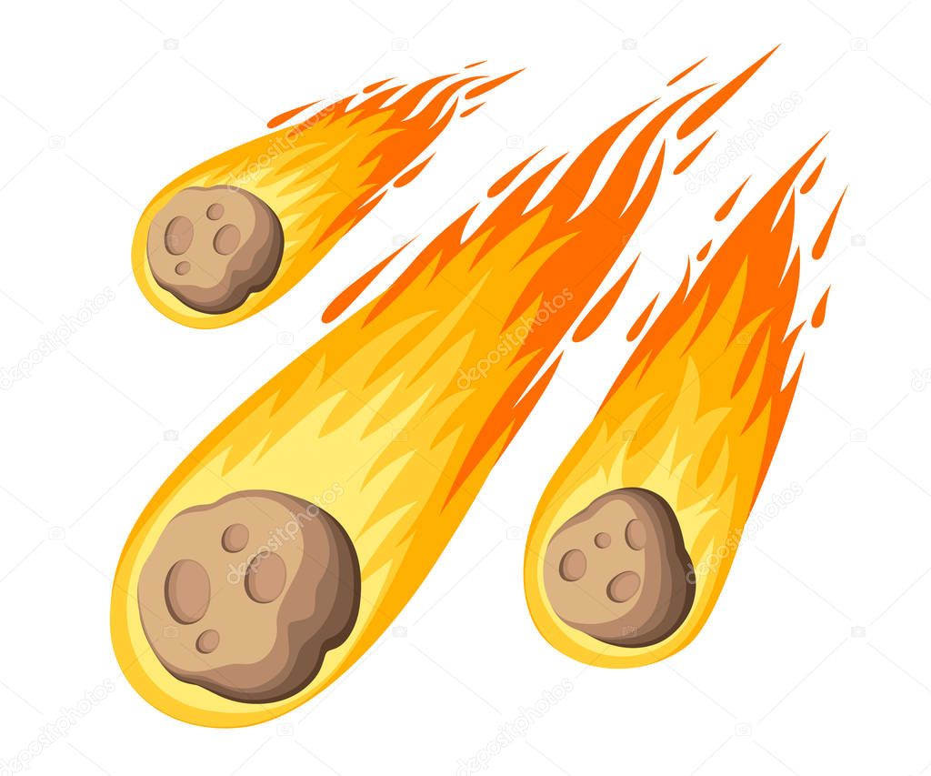 Flame meteorite. Meteor rain fall on planet in cartoon style. Cataclysm color icon. Vector illustration isolated on white background. Web site page and mobile app design