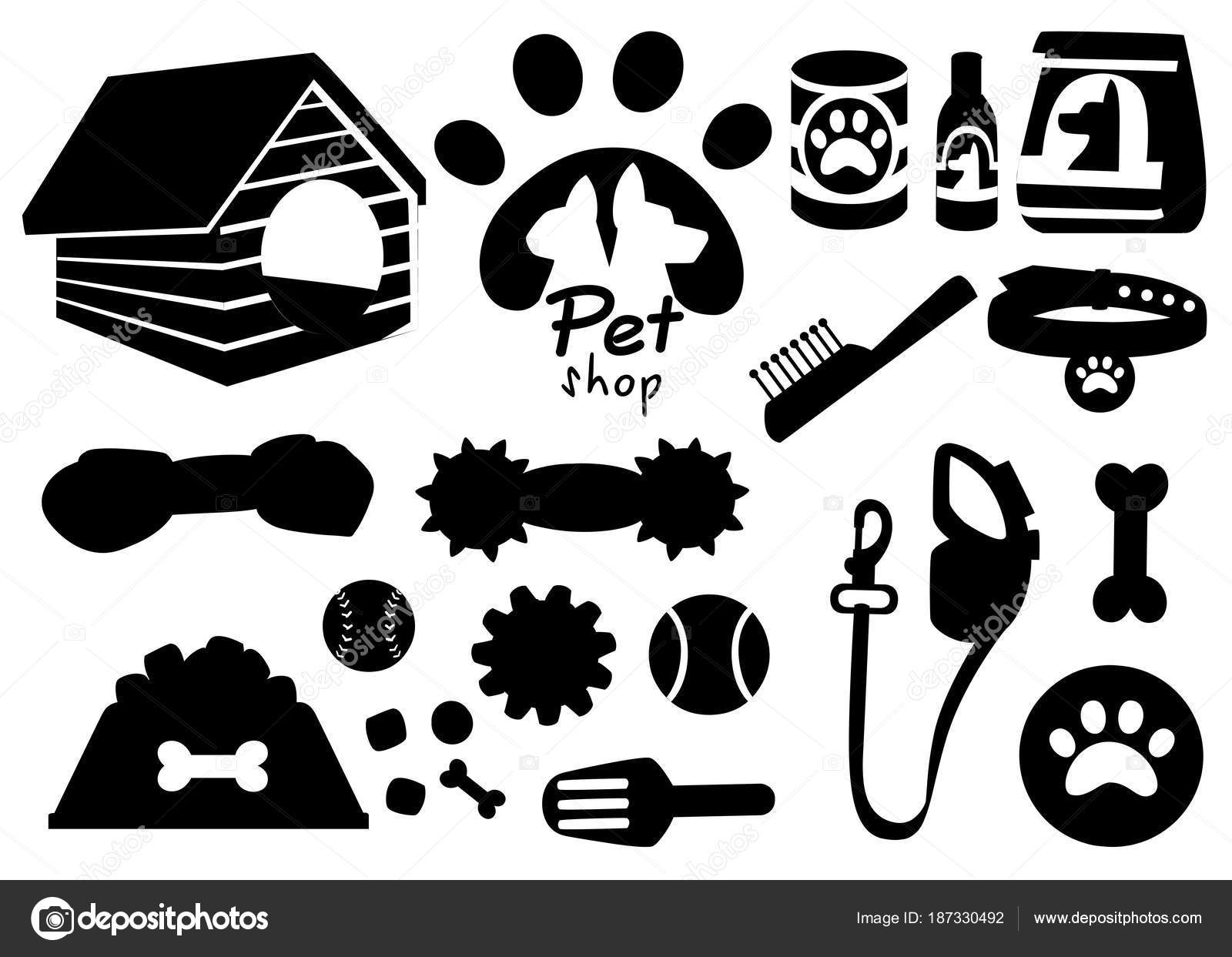 Set of pet shop black icons. Accessories for dogs. Flat vector