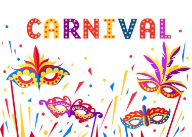 Karnaval yüz maskesi Illustration. Parti dekorasyon veya maskeli balo için maske. Renkli maskesi tüyleri ile. Beyaz arka plan üzerinde izole vektör çizim. Web sitesi sayfası ve mobil uygulaması tasarım