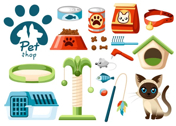 Conjunto de ícones de pet shop. Acessórios para gatos. Ilustração vetorial plana. Alimentação, brinquedos, taça, coleira. Produtos para a loja de animais. Ilustração vetorial isolada sobre fundo branco —  Vetores de Stock