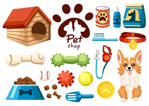 Set di icone del negozio di animali. Accessori per cani. Illustrazione a vettore piatto. Alimentazione, giocattoli, palle, collare. Prodotti per il negozio di animali. Illustrazione vettoriale isolata su sfondo bianco — Vettoriale Stock