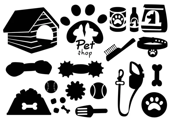 Set of pet shop black icons. Accessories for dogs. Flat vector illustration. Feed, toys, balls, collar. Products for the pet shop. Vector illustration isolated on white background — Stock Vector