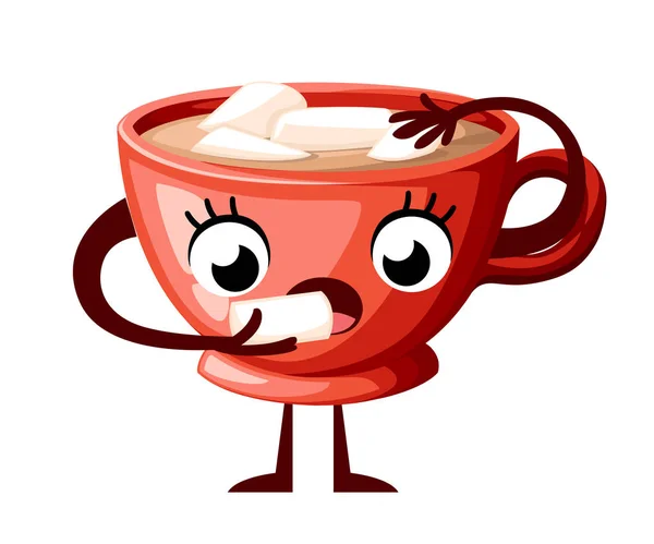 Cute coffe cup character design. Cartoon style cup eat marshmallow. Mascot red cup. Vector illustration isolated on white background. Web site page and mobile app design — Stock Vector