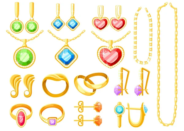 Conjunto de joyas doradas. Colecciones de anillos de oro, pendientes, cadenas y collares. Accesorios de joyería de dibujos animados. Ilustración vectorial aislada sobre fondo blanco — Vector de stock