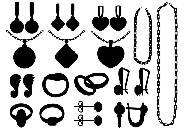Zwarte silhouet. Set van gouden sieraden. Gouden ringen, oorbellen, Colliers en kettingen collecties. Cartoon sieraden accessoires. Vectorillustratie geïsoleerd op witte achtergrond — Stockvector