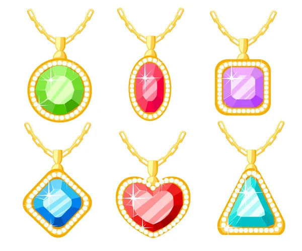 Set of golden jewelry. Necklaces collections with square, circle, heart, and triangle diamond pendants. Chain cartoon design. Vector illustration isolated on white background — Stock Vector