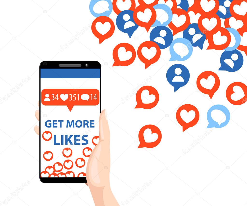 Get more likes. Smartphone pulling like. SEO concept. Hand holding smartphone. Design elements for social network,marketing. Vector illustration isolated on white background.