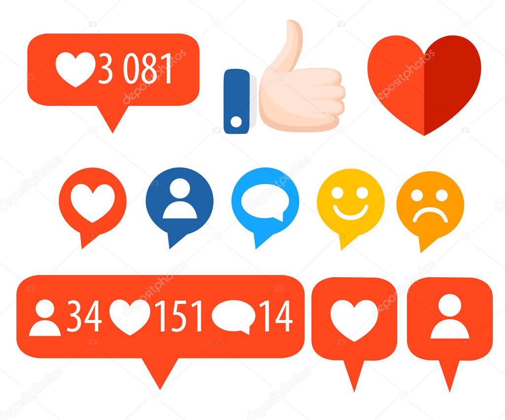 Get more likes. Color icons. SEO concept. Set of icons. Design elements for social network,marketing. Vector illustration isolated on white background. Web site page and mobile app design.