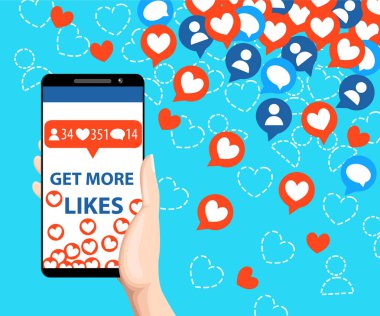 Daha fazla seviyor almak. Smartphone çekerek her zamanki gibi. SEO kavramı. El tutma smartphone. Tasarım öğeleri için sosyal ağ pazarlama. Vektör illüstrasyon izole mavi arka plan üzerinde