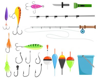 Balıkçılık aksesuarları kümesi. Crankbait ile balıkçılık iplik için lures ve büküm ve yumuşak plastik Balık tutma float yem. Bıçak el feneri ve kova. Beyaz arka plan üzerinde izole vektör çizim