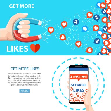 Daha fazla seviyor almak. El at nalı mıknatıs çekerek tutun veya pek çok seviyor ve smartphone olsun. SEO kavramı. Beyaz ve mavi arka plan üzerinde vektör çizim. Web sitesi sayfası ve mobil uygulaması tasarım