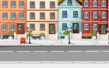 Renkli evler yangın hidrant ışıklar tezgah kırmızı posta kutusu ve çalılar vazo karikatür tarzı vektör çizim Web sitesi sayfa ve mobil uygulaması tasarım